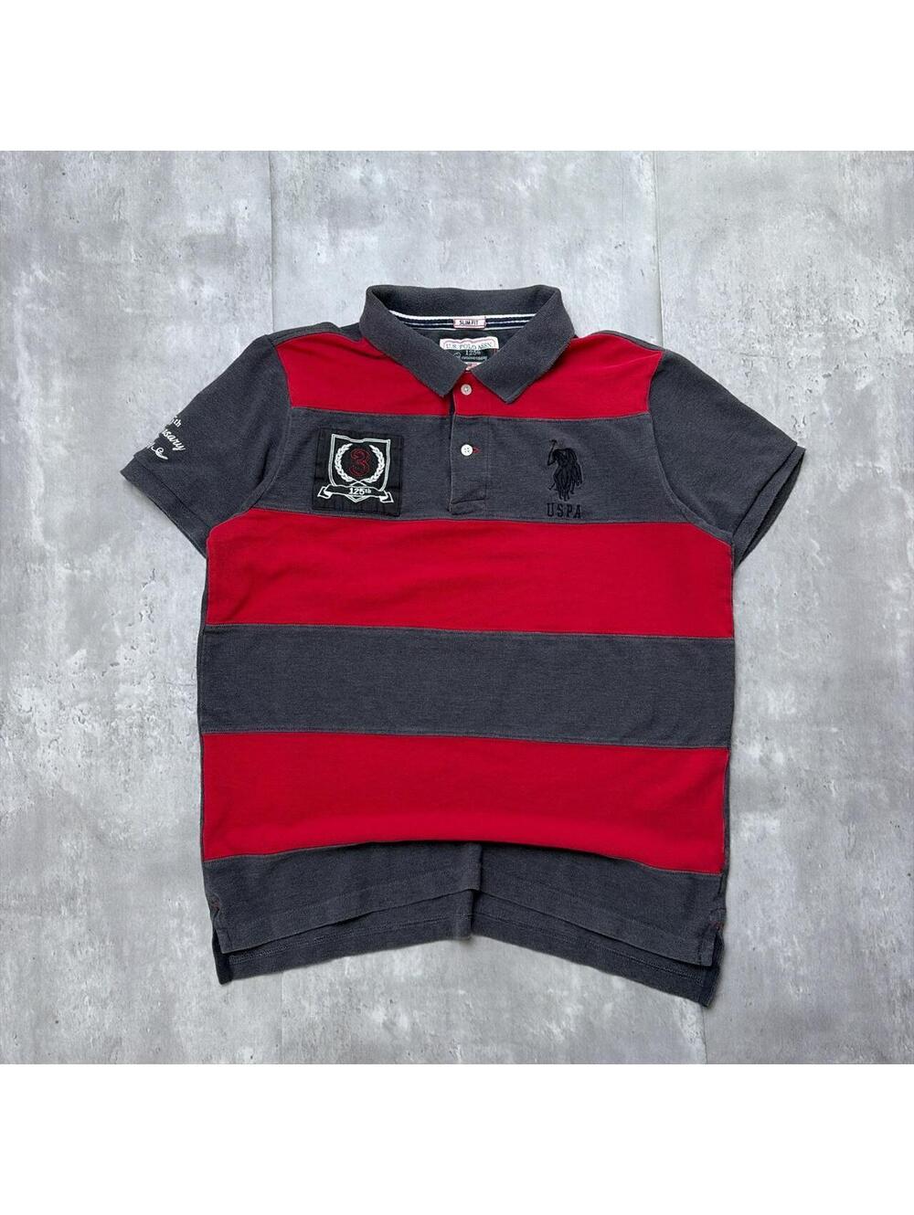 Y2K Grey US Polo Assn Big Pony Red Striped Polo Shirt